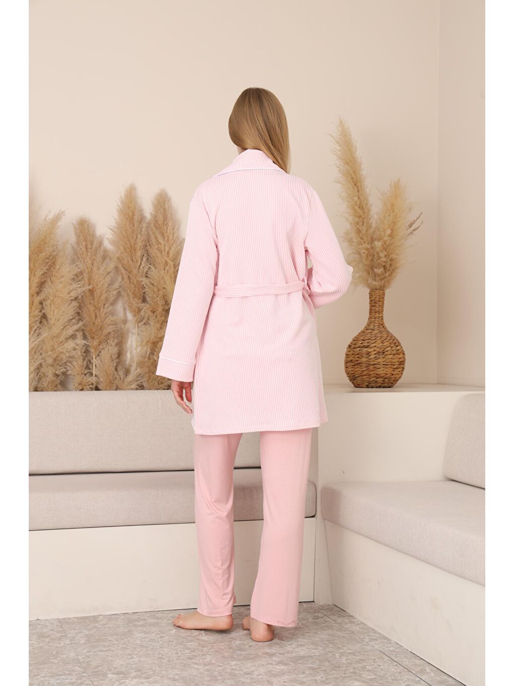 Pembe Çizgili Sabahlıklı Emzirmeye Uygun Hamile ve Lohusa Pijama Takımı-3