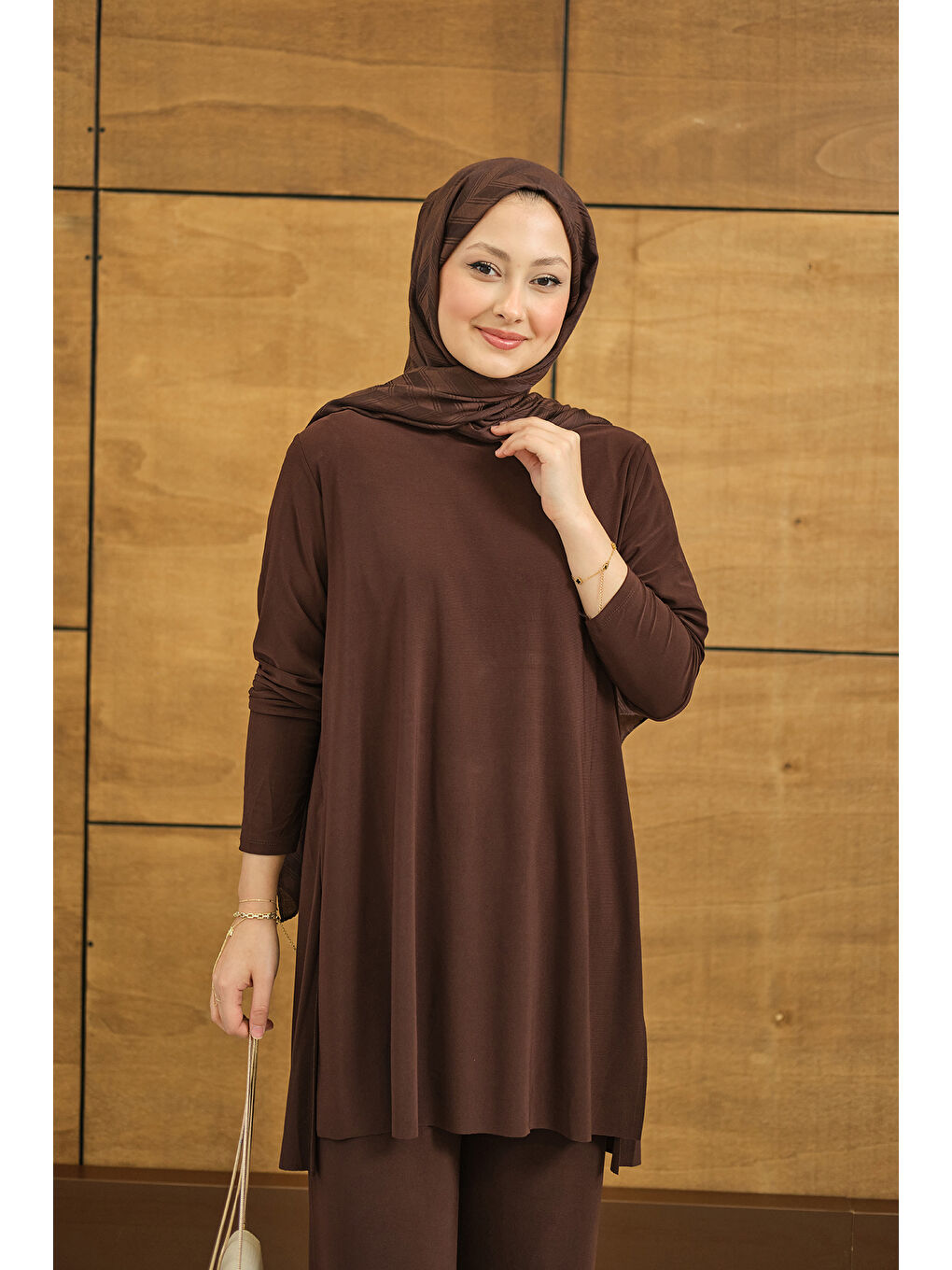 Kahverengi Kadın Yanları Yırtmaç Detay İkili Takım Acı Kahve-4