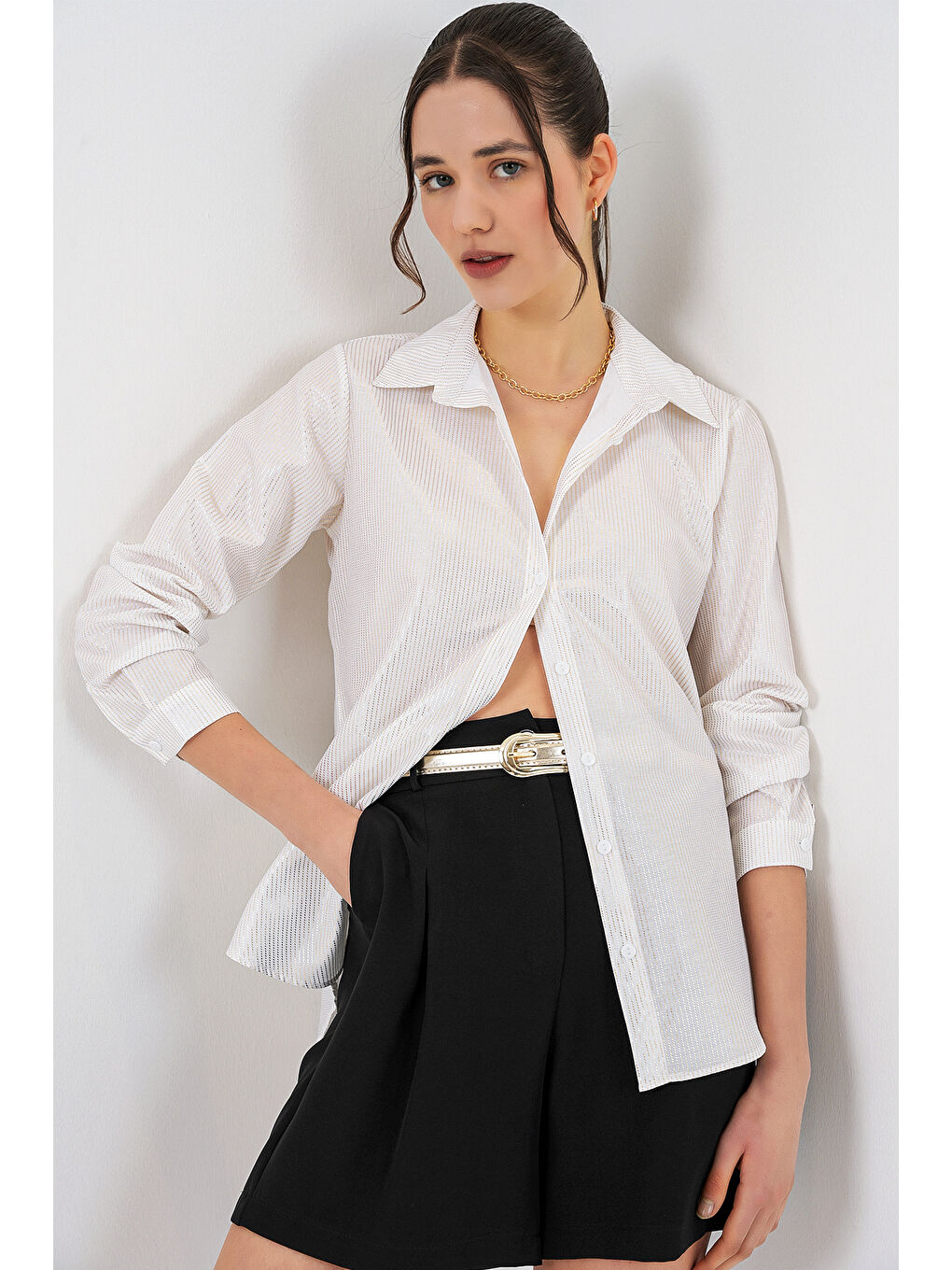 Kadın Varak Desenli Gömlek 20253 - H. Beyaz