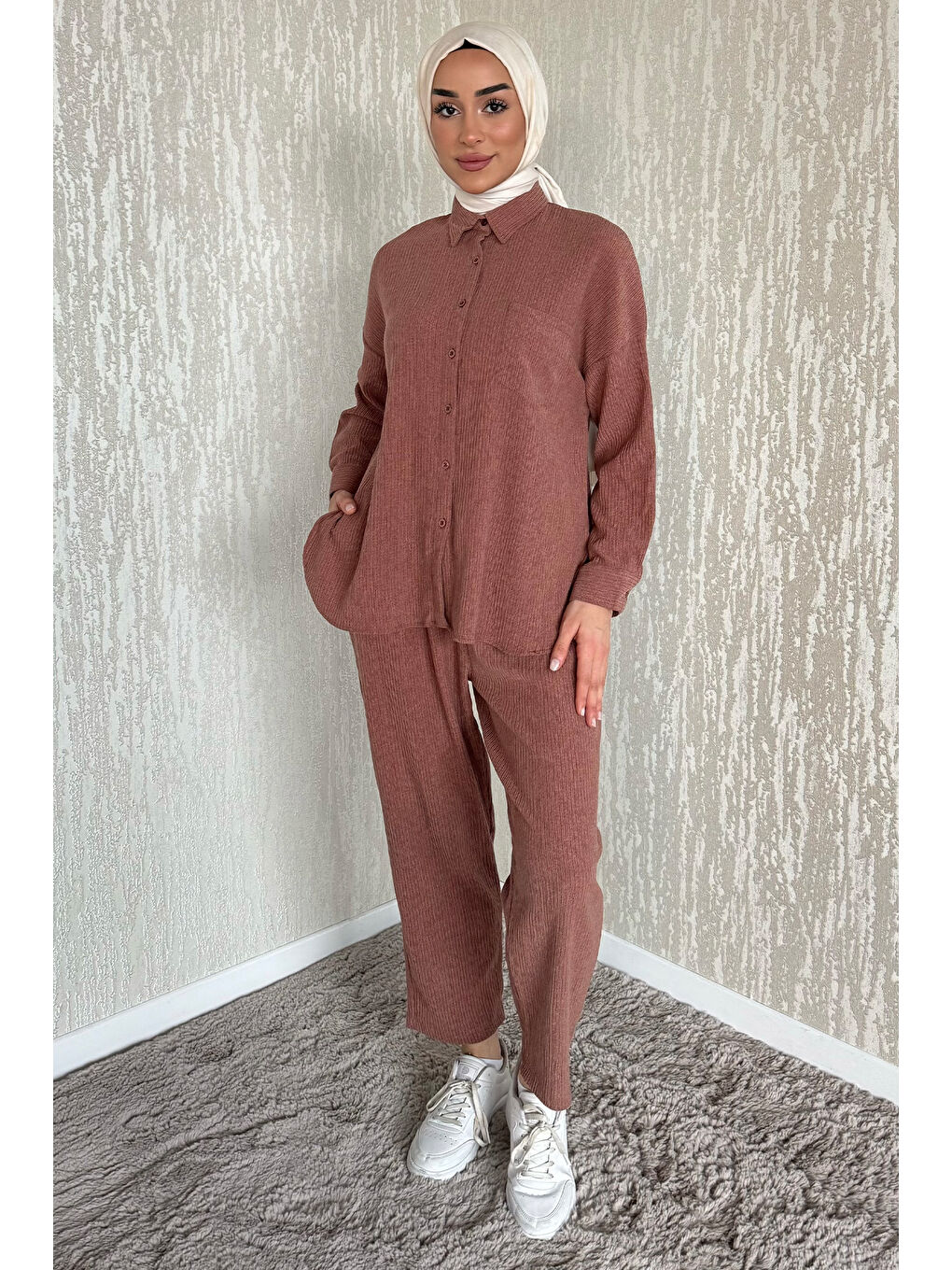 Kahverengi Gömlek Pantolon Bürümcük Tesettür İkili Takım-2