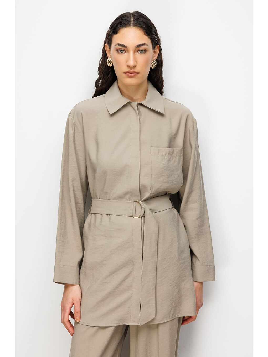 Bej Kemer Detaylı Vizon Rengi Tunik-2