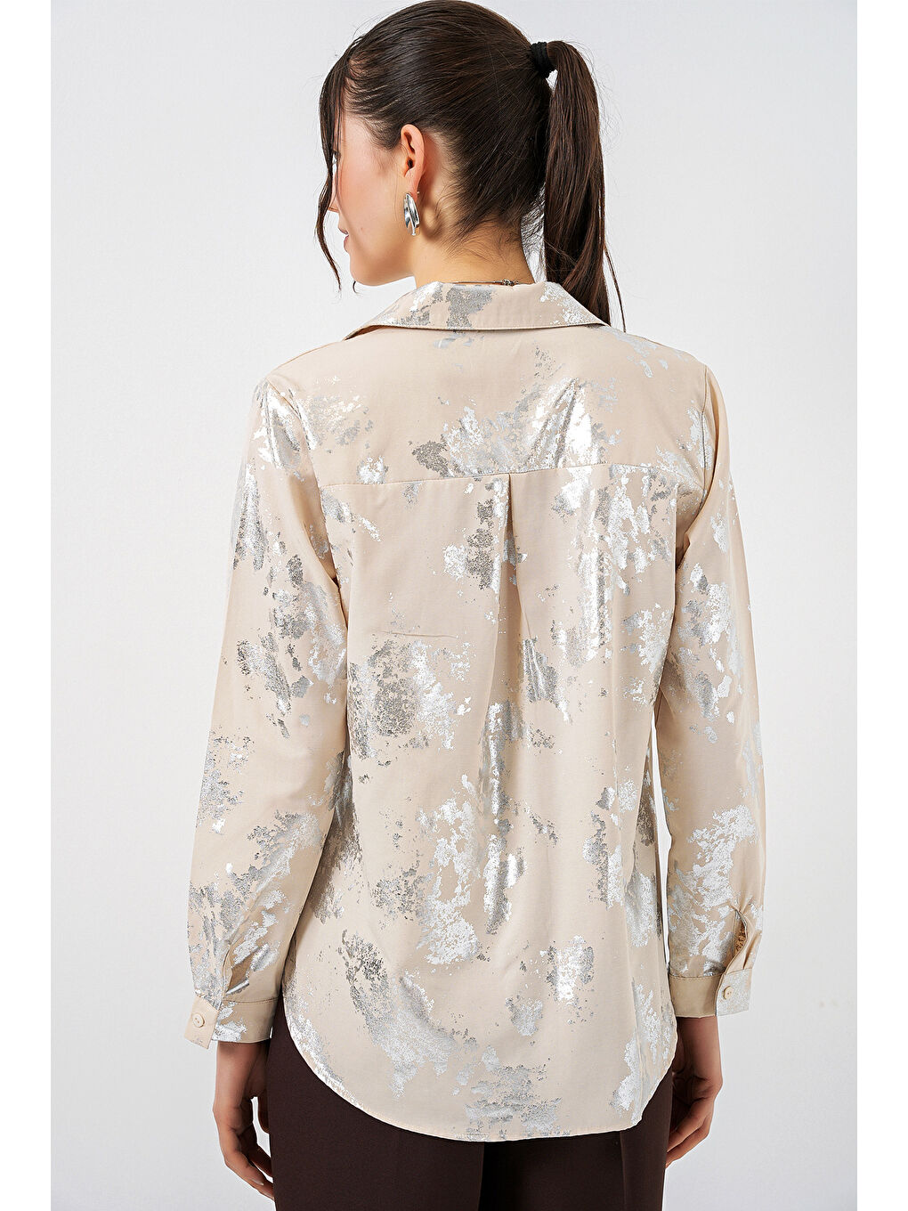 Ekru Kadın Varak Desenli Gömlek 20253 - A.KREM-5