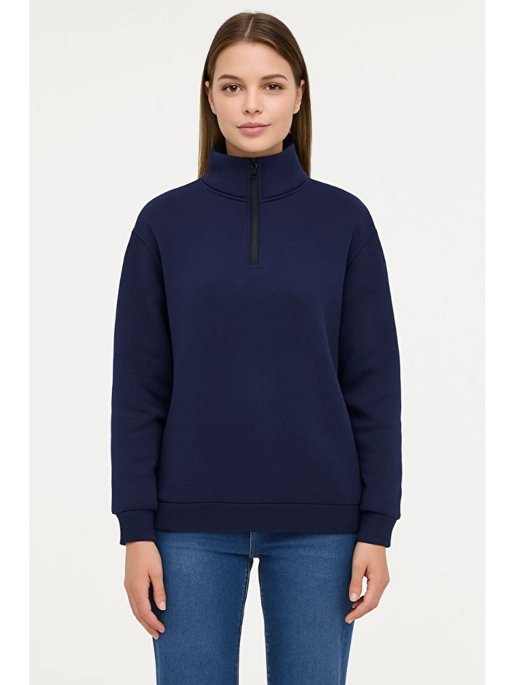 Üç İplik Dık Yaka Yarım Fermuarlı Sweatshirt - Lacivert-2