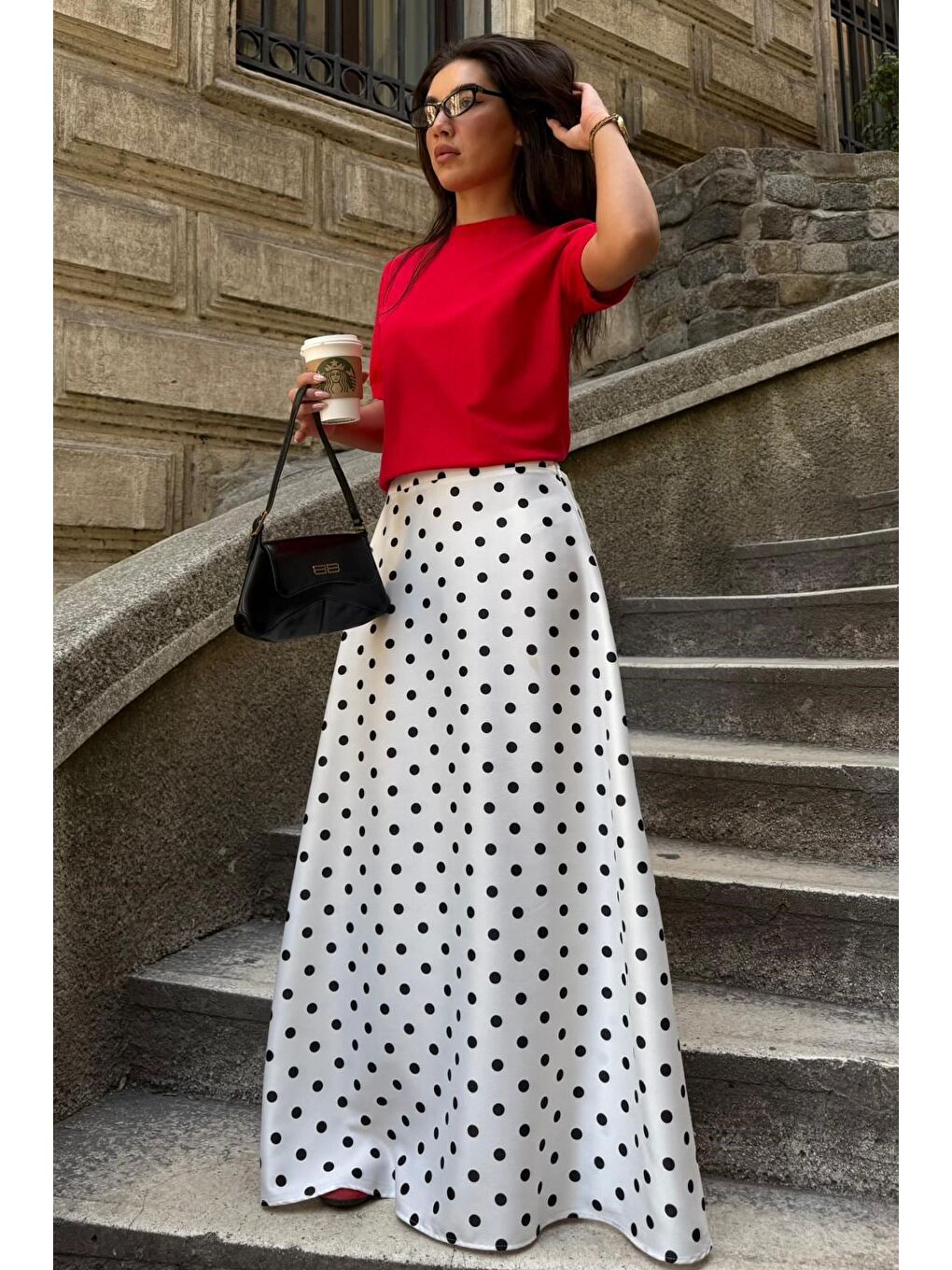 Beyaz Puantiyeli Maxi Kadın Saten Etek Mg2725-5