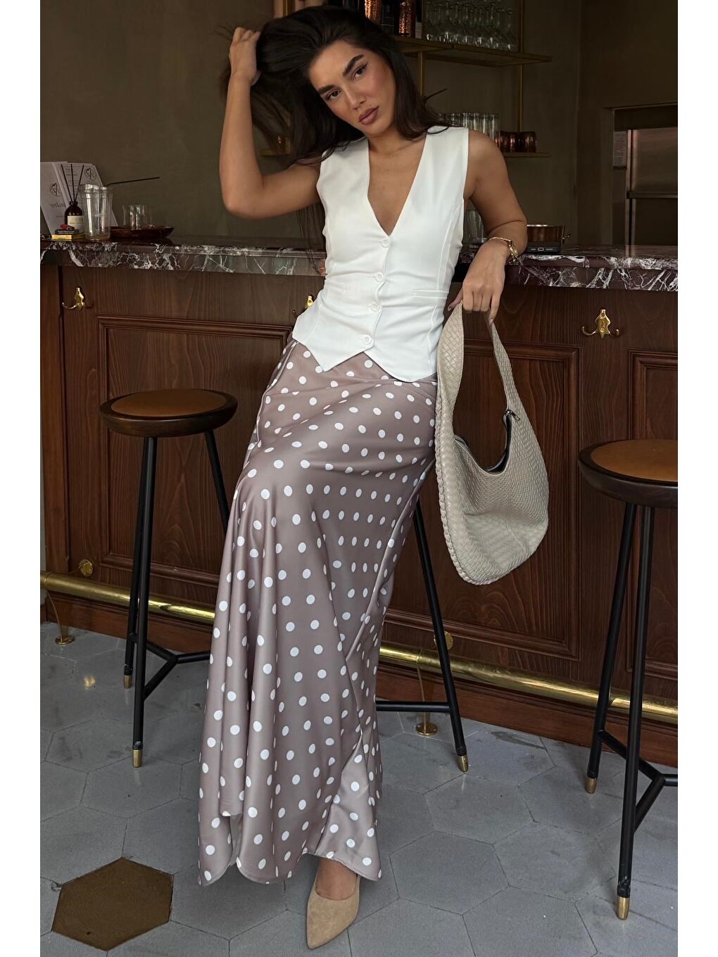Bej Puantiyeli Maxi Kadın Saten Etek Mg2725-1