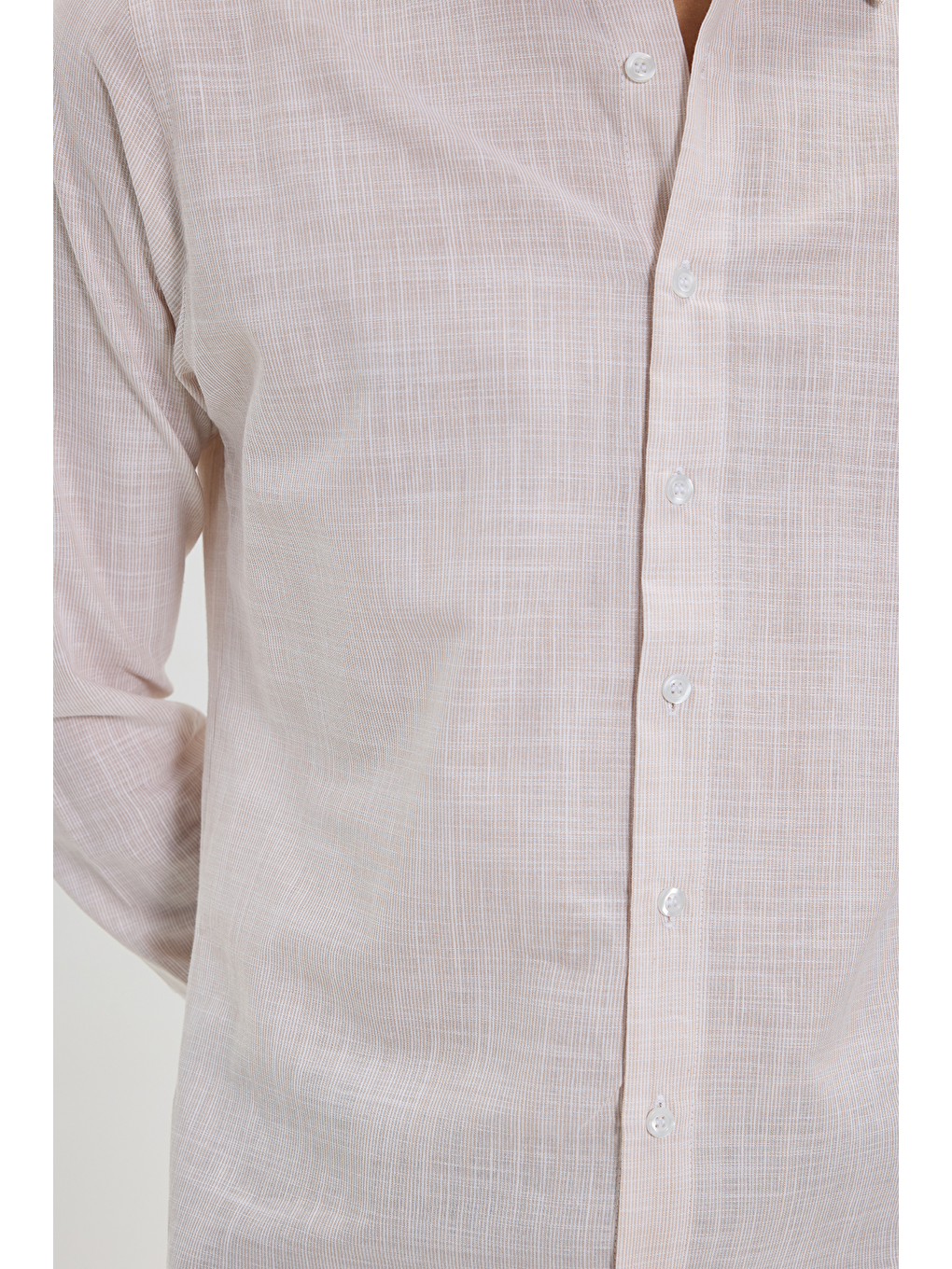 Erkek Slim Fit Dar Kesim %100 Pamuk Uzun Kollu Keten Efektli Bej Gömlek-3