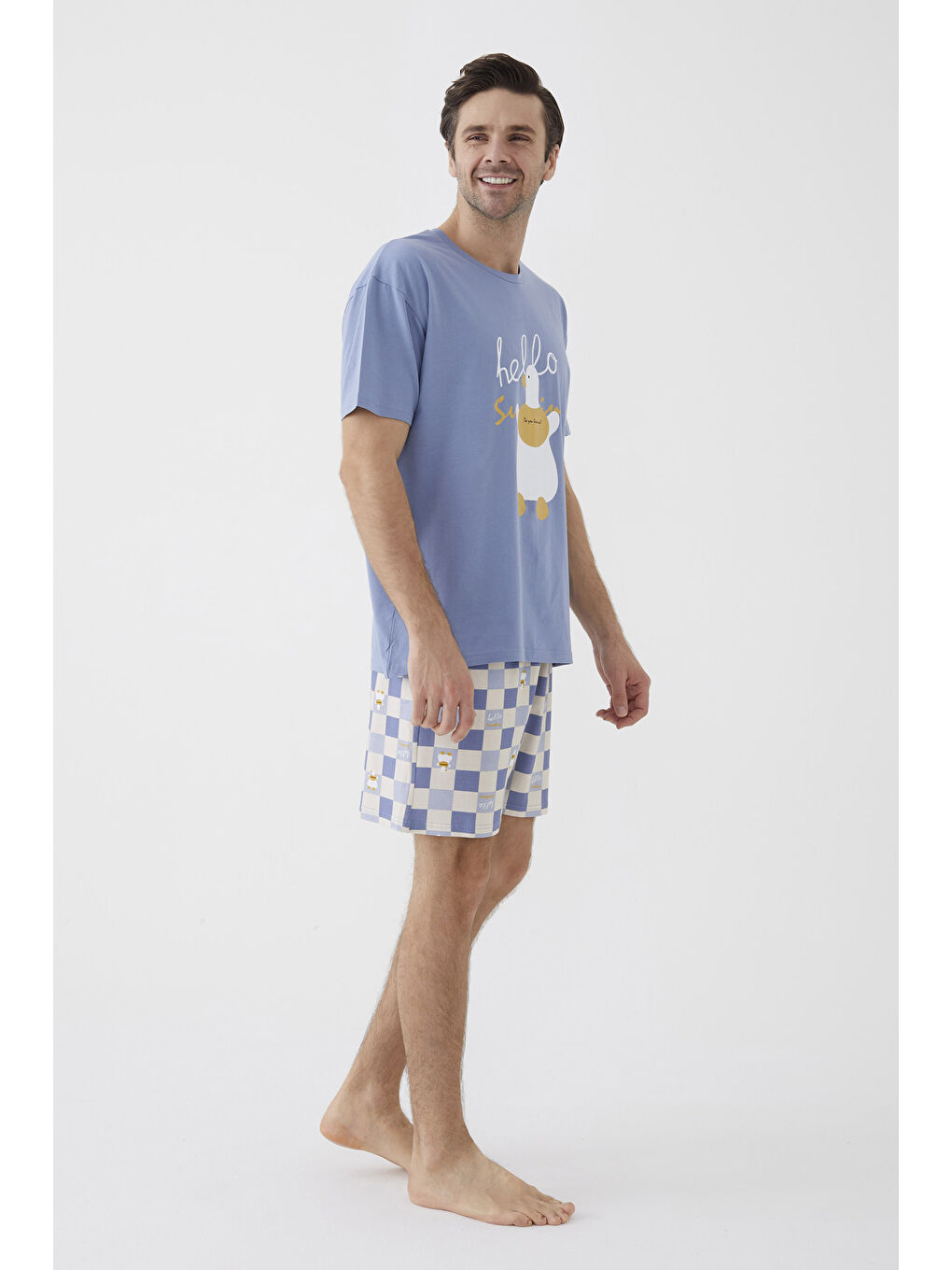 Mavi Erkek Kısa Kollu Pamuklu Ekose Desenli Ördek Baskılı %100 Pamuk Şortlu Pijama Takımıı-1