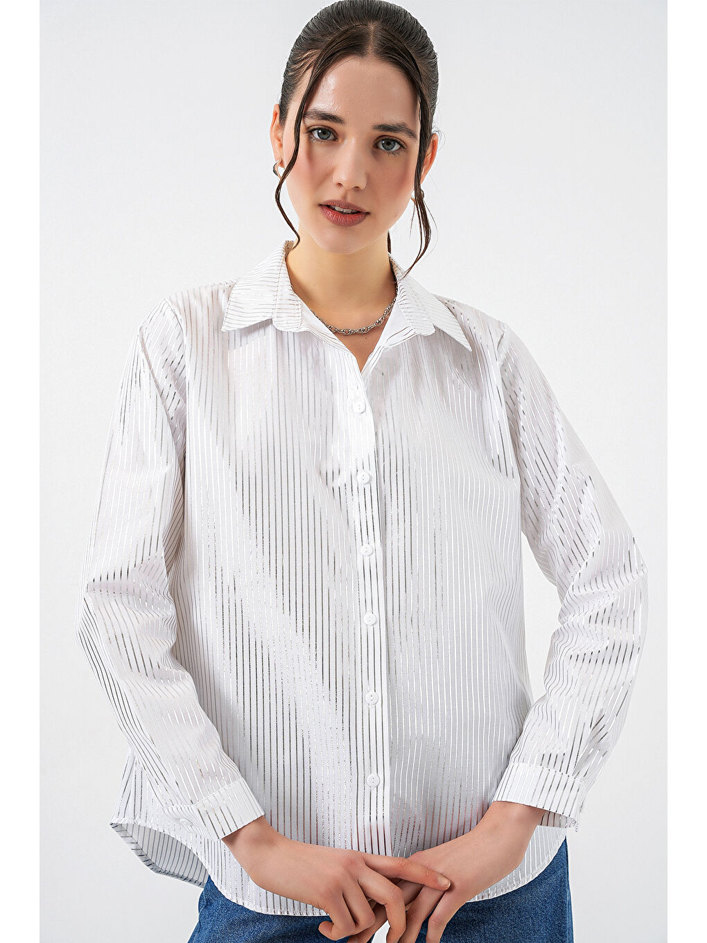 Gri Kadın Varak Desenli Gömlek 20253 - B.Gümüş