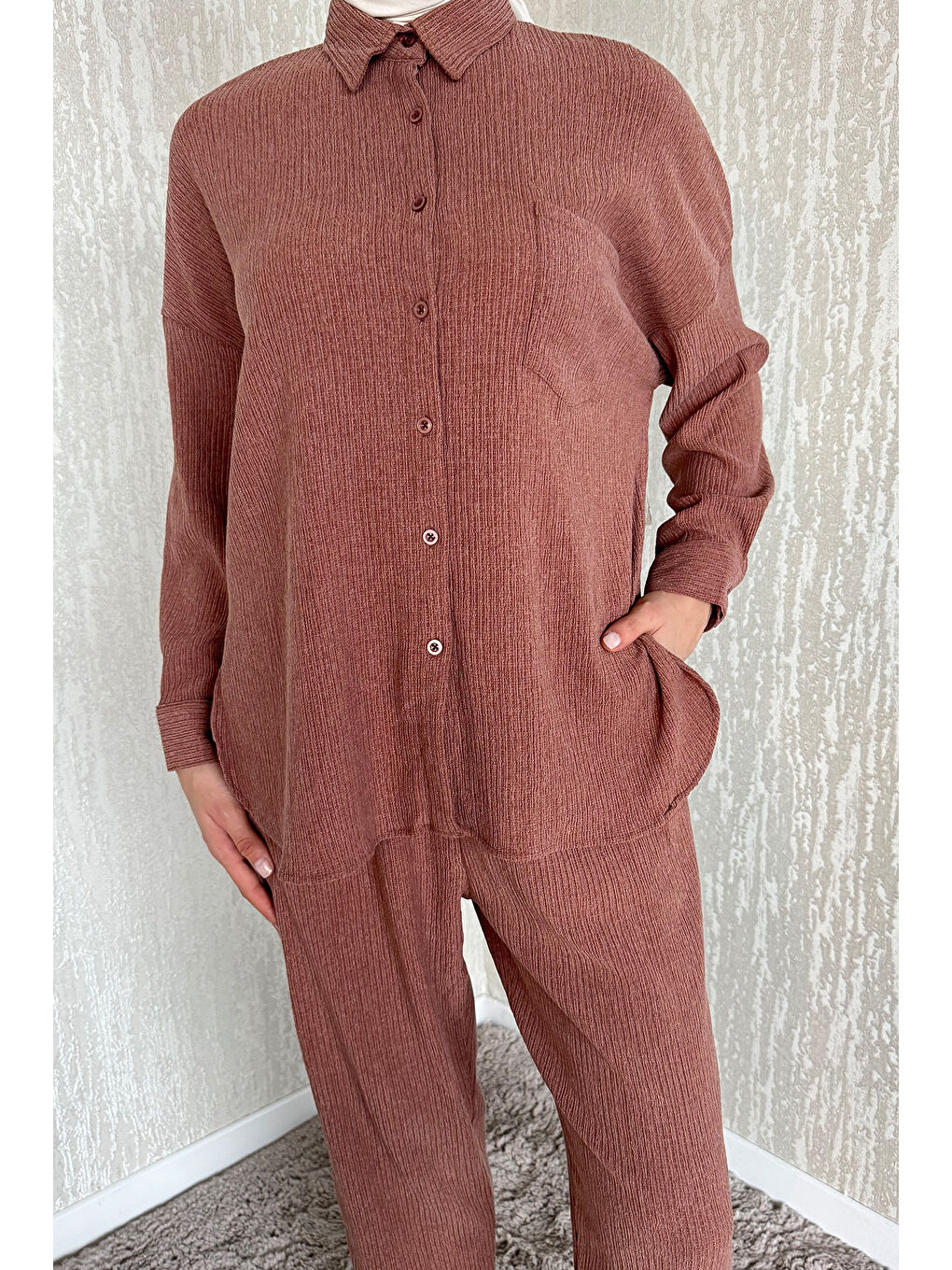 Kahverengi Gömlek Pantolon Bürümcük Tesettür İkili Takım-5