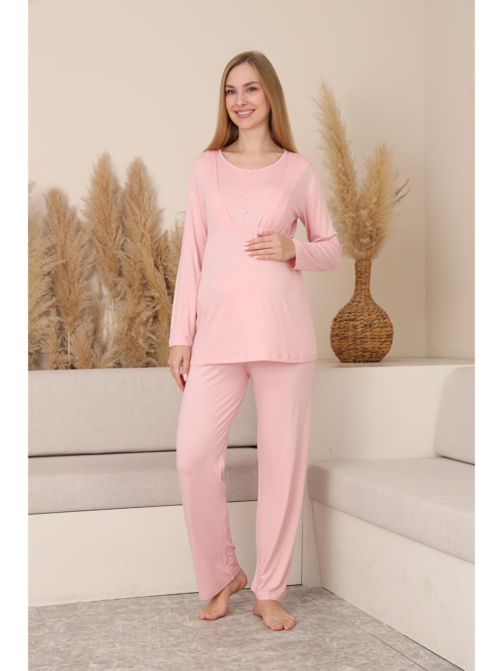 Pembe Çizgili Sabahlıklı Emzirmeye Uygun Hamile ve Lohusa Pijama Takımı-4
