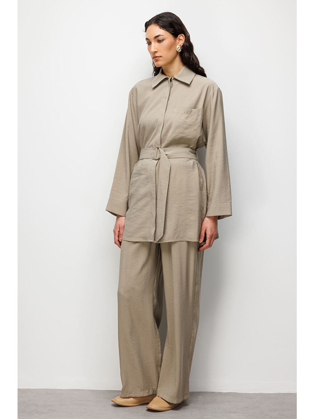 Bej Kemer Detaylı Vizon Rengi Tunik-3