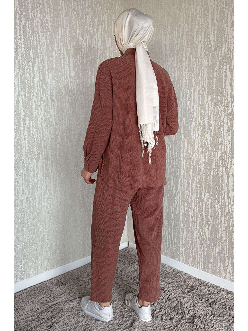 Kahverengi Gömlek Pantolon Bürümcük Tesettür İkili Takım-6