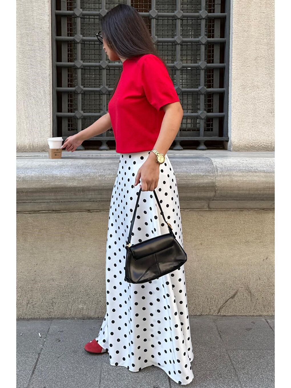 Beyaz Puantiyeli Maxi Kadın Saten Etek Mg2725-6