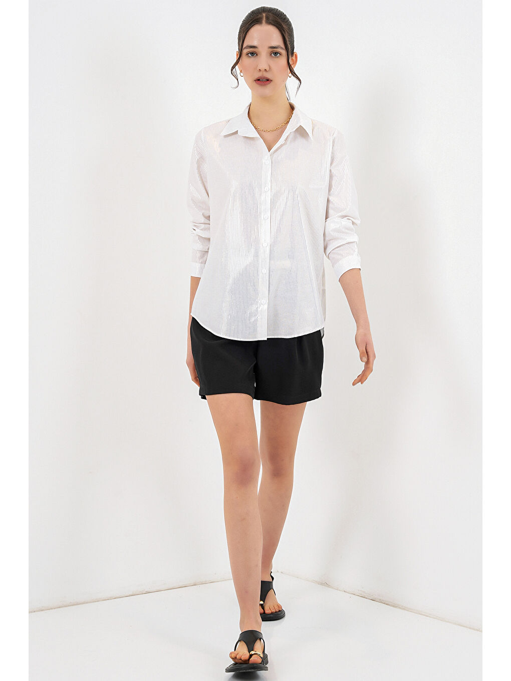 Kadın Varak Desenli Gömlek 20253 - H. Beyaz-1