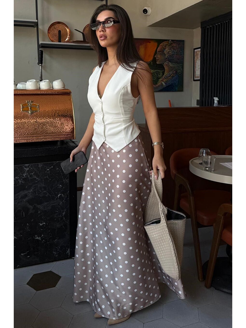 Bej Puantiyeli Maxi Kadın Saten Etek Mg2725-2