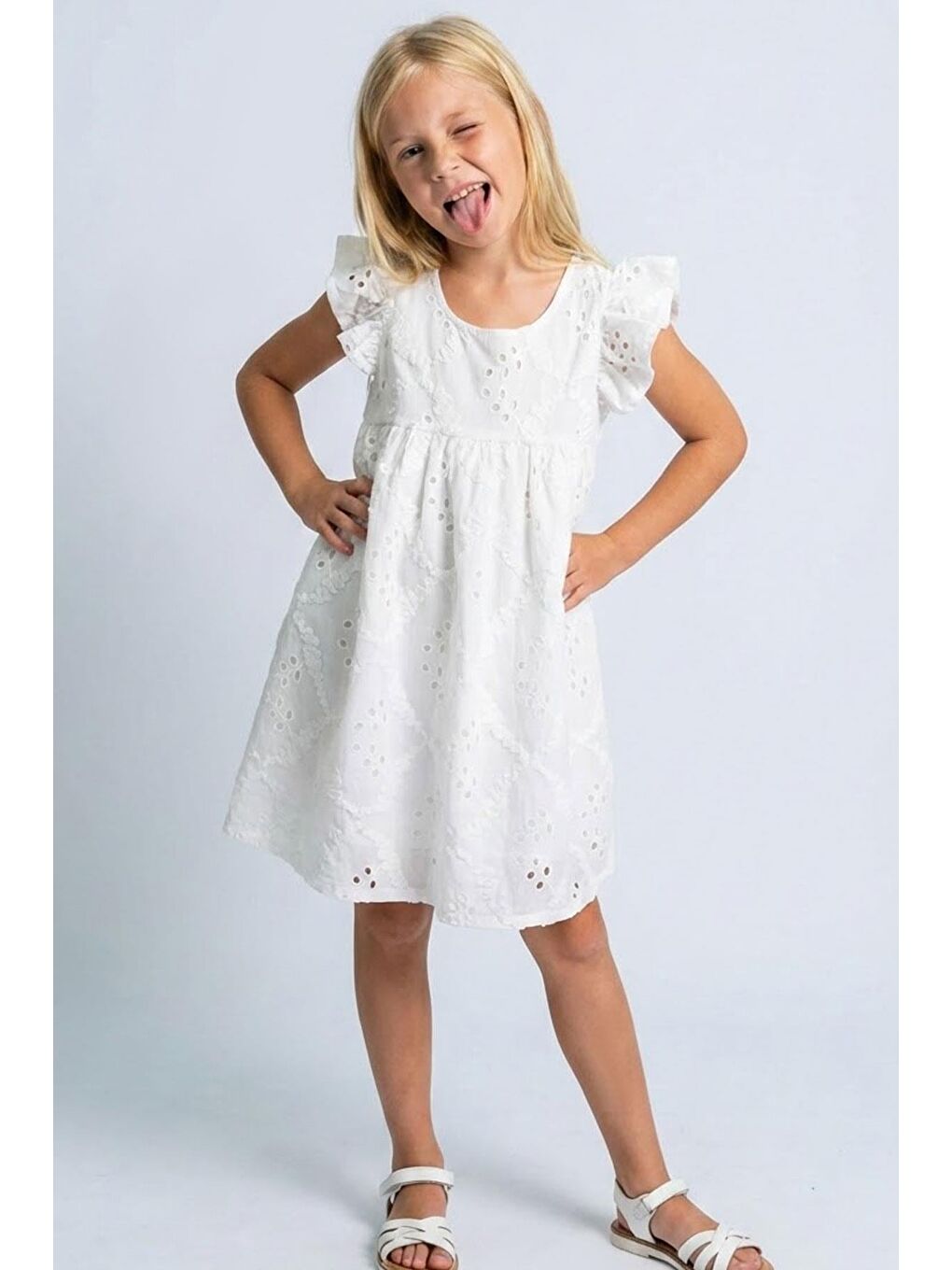 Kız Çocuk Elbise Çiçek Nakışlı Arka Kısmı Fermuarlı Ekru (5-10 Yaş)-1