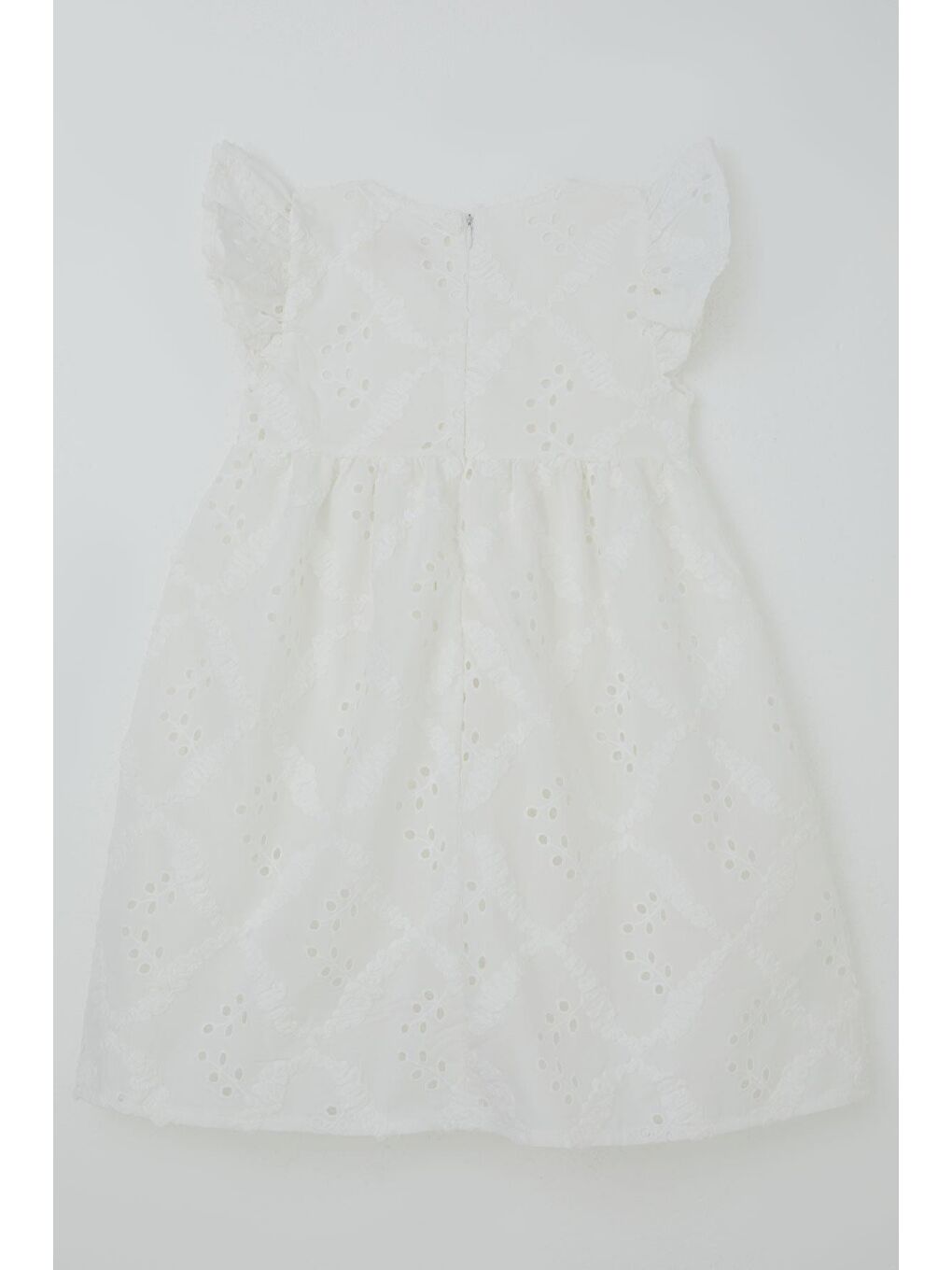 Kız Çocuk Elbise Çiçek Nakışlı Arka Kısmı Fermuarlı Ekru (5-10 Yaş)-3