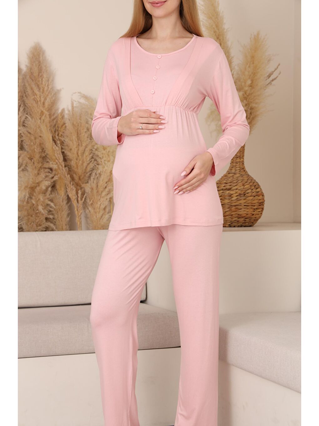 Pembe Çizgili Sabahlıklı Emzirmeye Uygun Hamile ve Lohusa Pijama Takımı-5