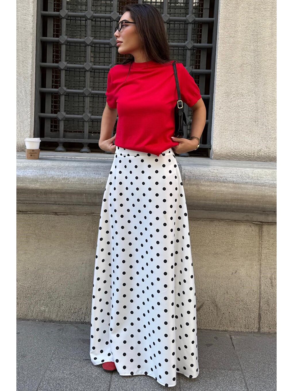 Beyaz Puantiyeli Maxi Kadın Saten Etek Mg2725-7