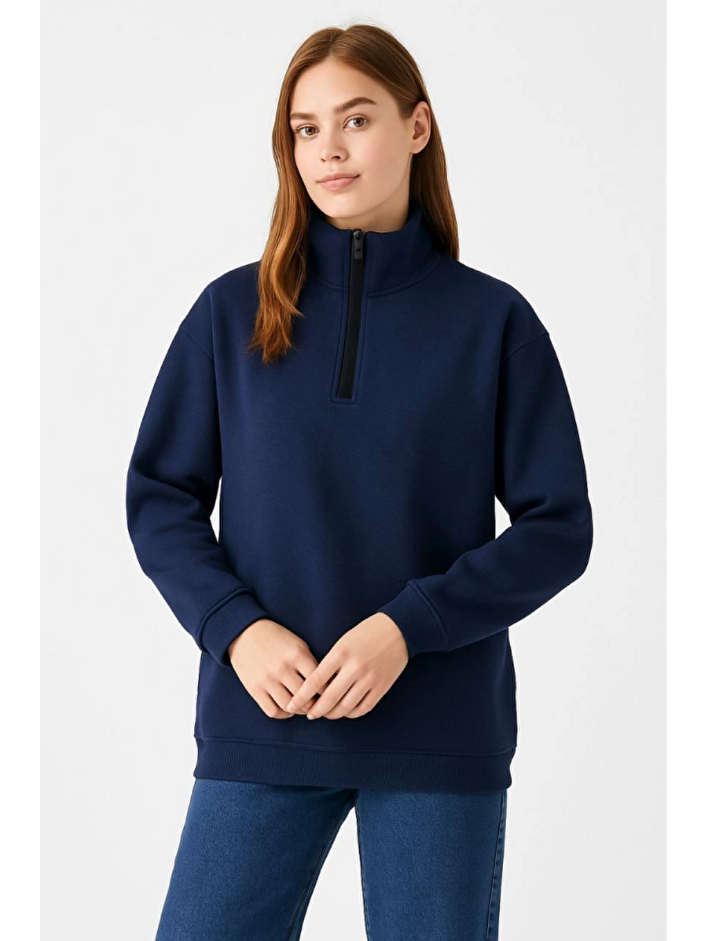 Üç İplik Dık Yaka Yarım Fermuarlı Sweatshirt - Lacivert-3