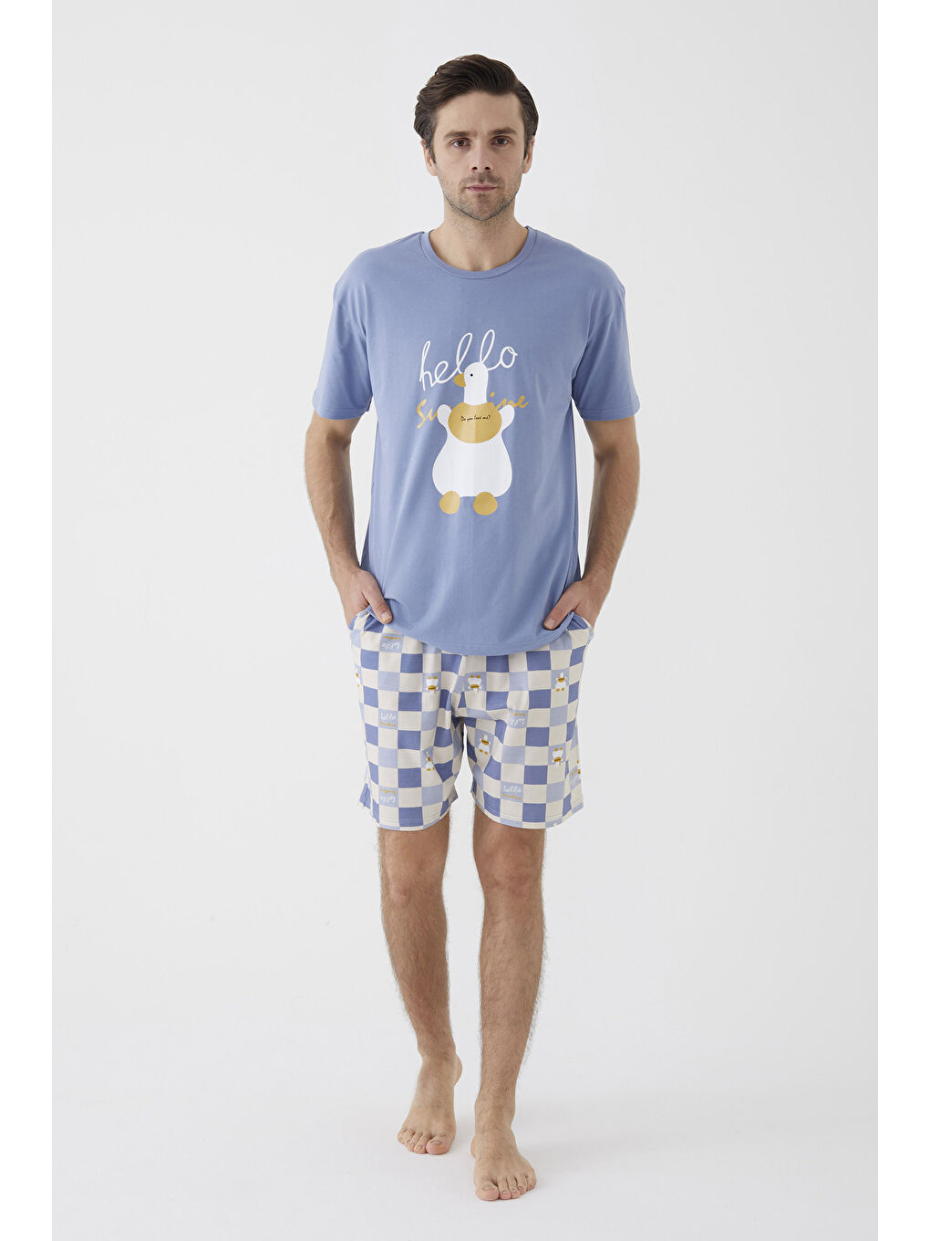 Mavi Erkek Kısa Kollu Pamuklu Ekose Desenli Ördek Baskılı %100 Pamuk Şortlu Pijama Takımıı-2