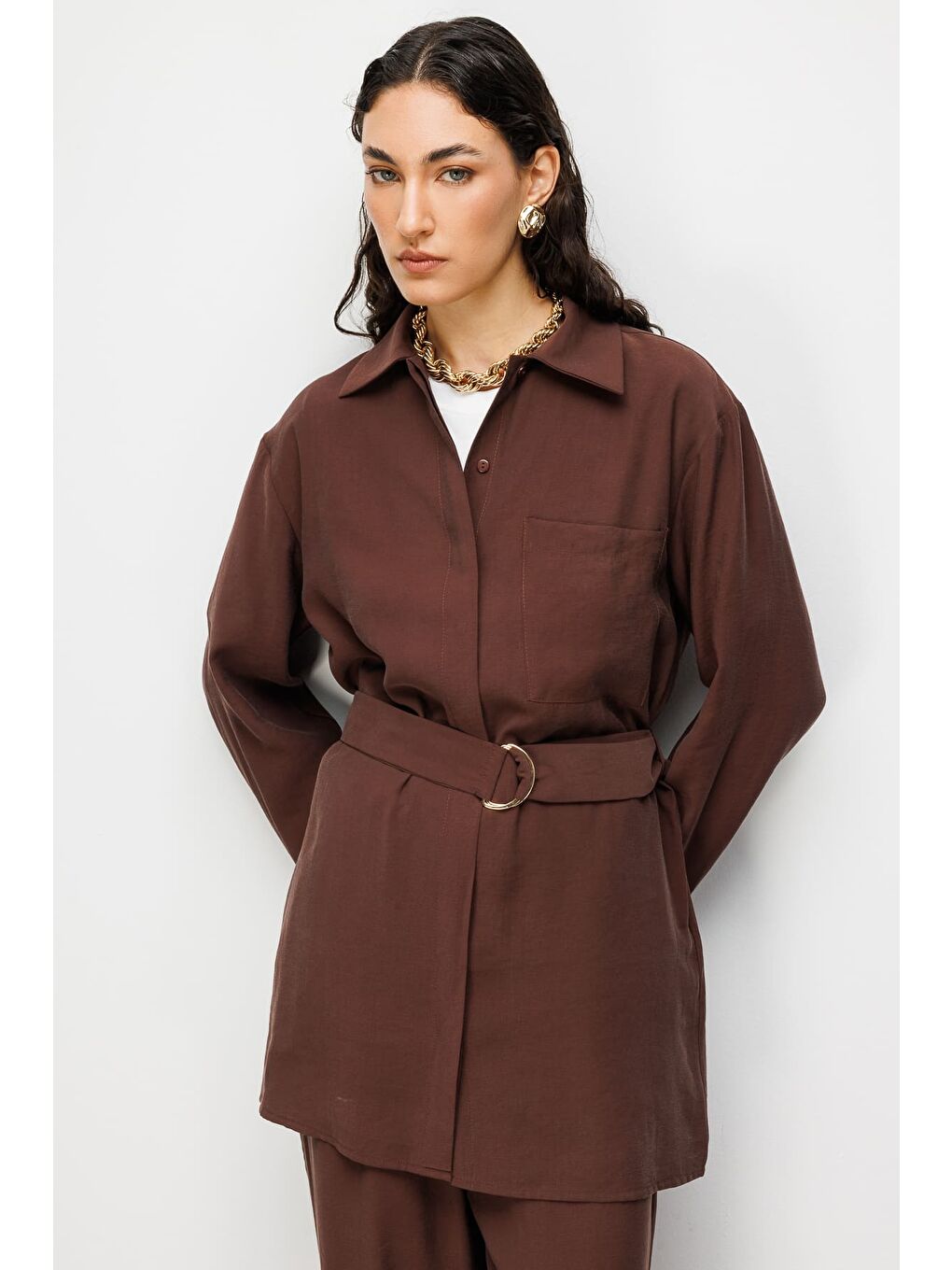 Kemer Detaylı Kahverengi Tunik-6