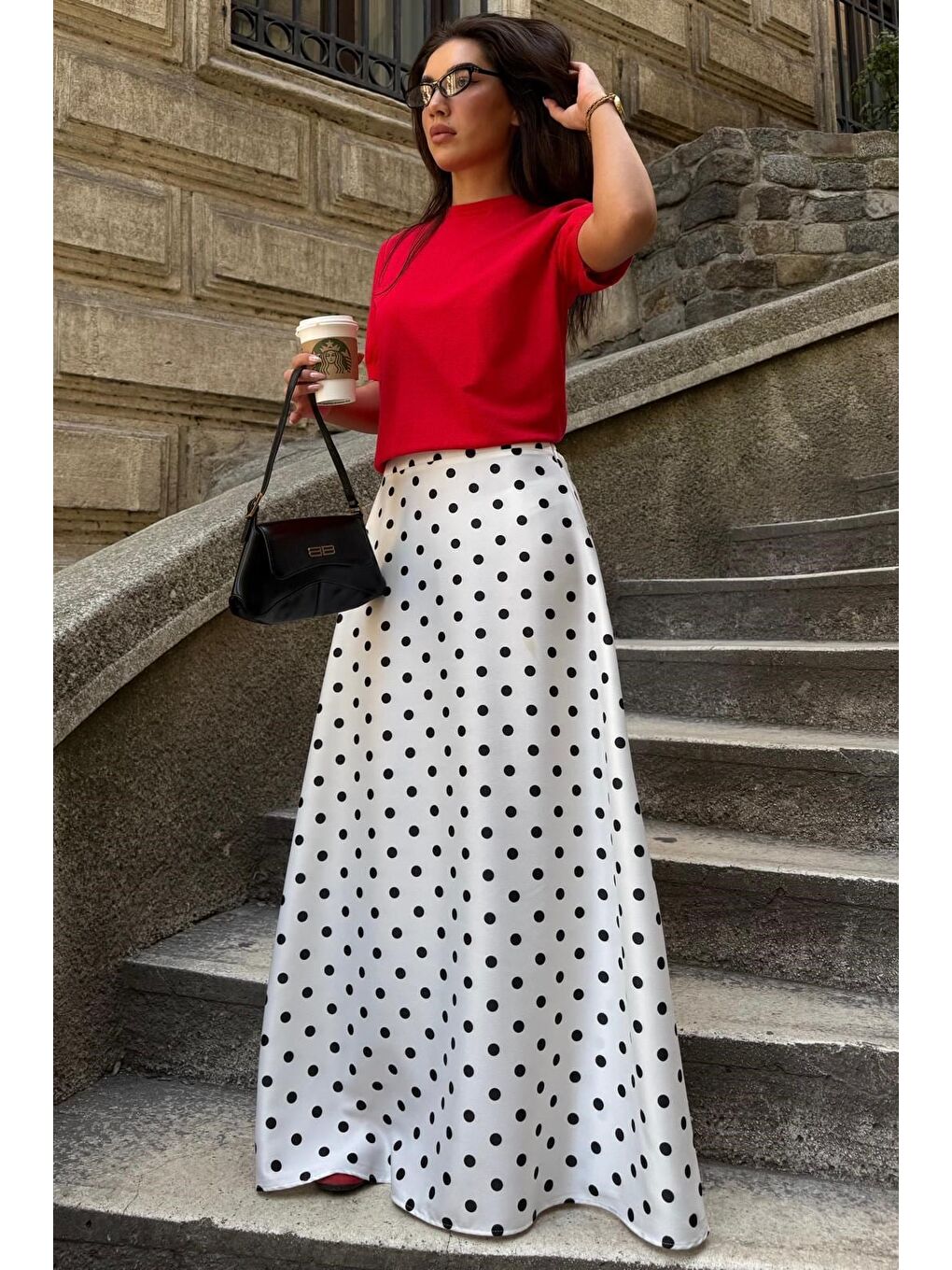 Beyaz Puantiyeli Maxi Kadın Saten Etek Mg2725-8