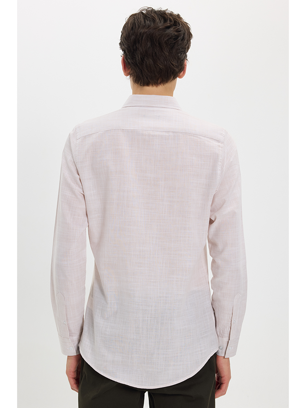 Erkek Slim Fit Dar Kesim %100 Pamuk Uzun Kollu Keten Efektli Bej Gömlek-5