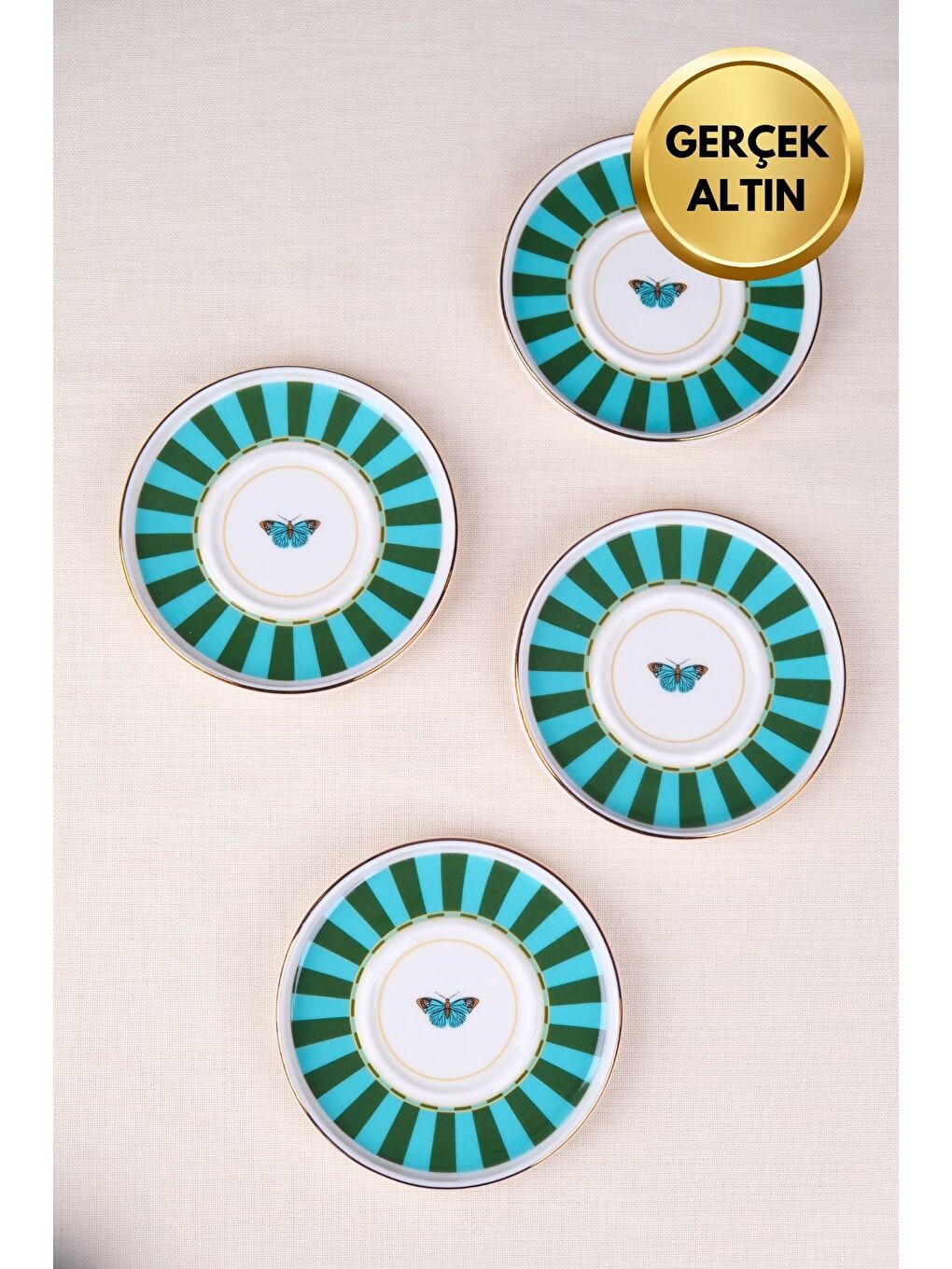 Karışık Porselen Butterfly Collection Altın Yaldızlı Çay Tabağı 11,8cm Yeşil 4 lü