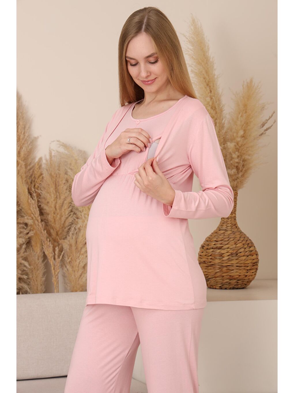 Pembe Çizgili Sabahlıklı Emzirmeye Uygun Hamile ve Lohusa Pijama Takımı-6