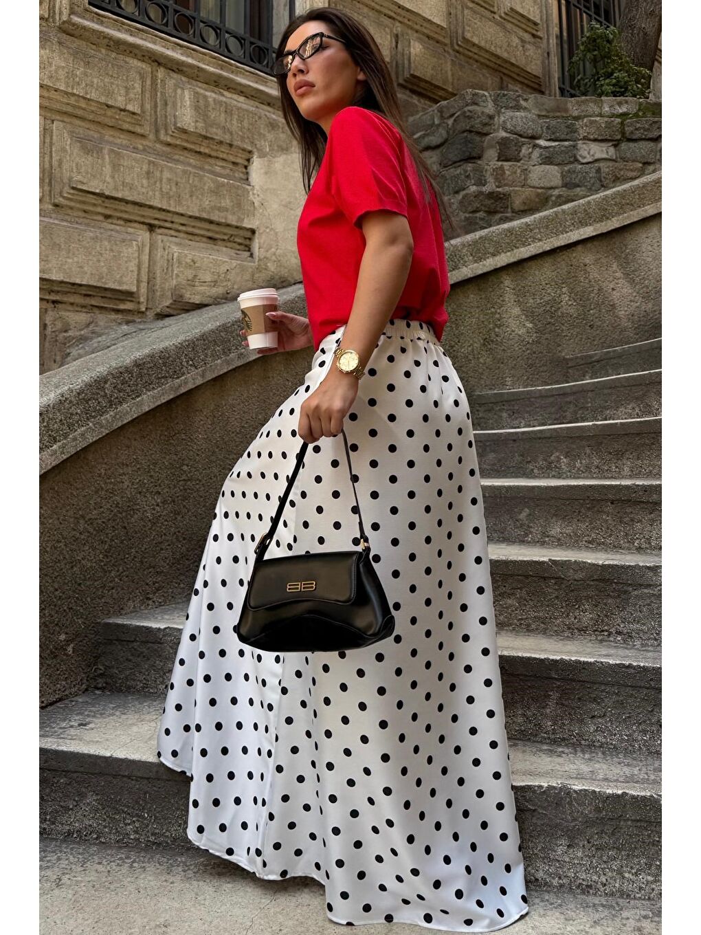 Beyaz Puantiyeli Maxi Kadın Saten Etek Mg2725-9