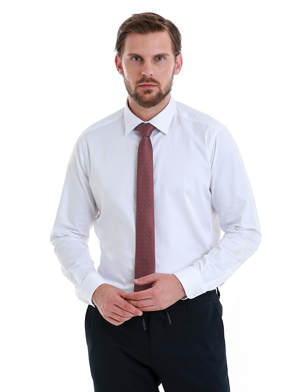 Beyaz Slim Fit Düz 100% Pamuk Slim Yaka Uzun Kollu Saten Gömlek