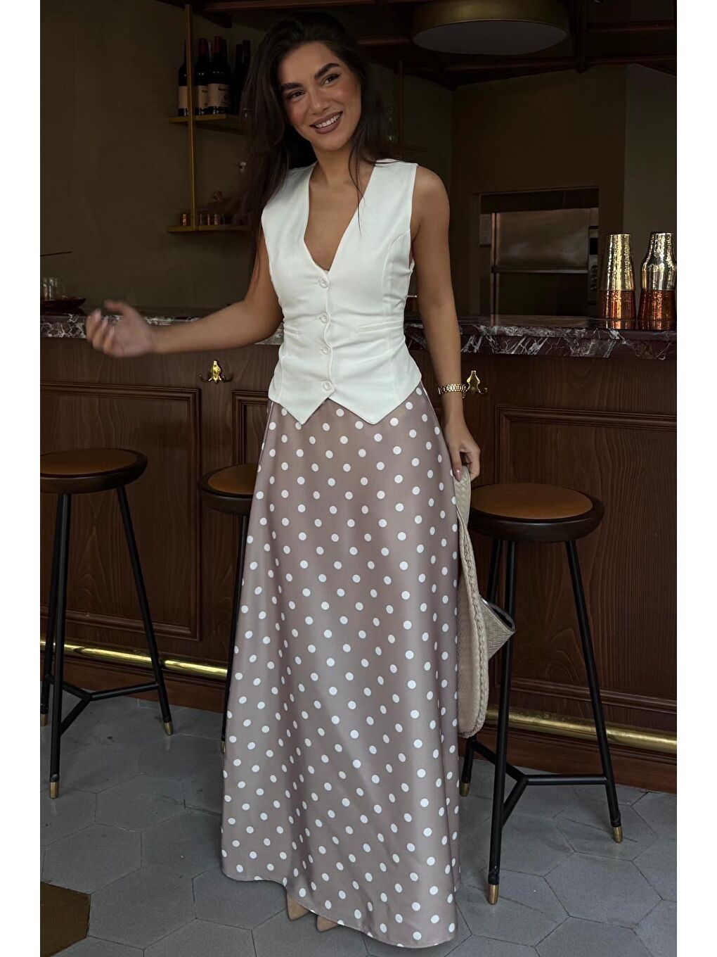 Bej Puantiyeli Maxi Kadın Saten Etek Mg2725-5