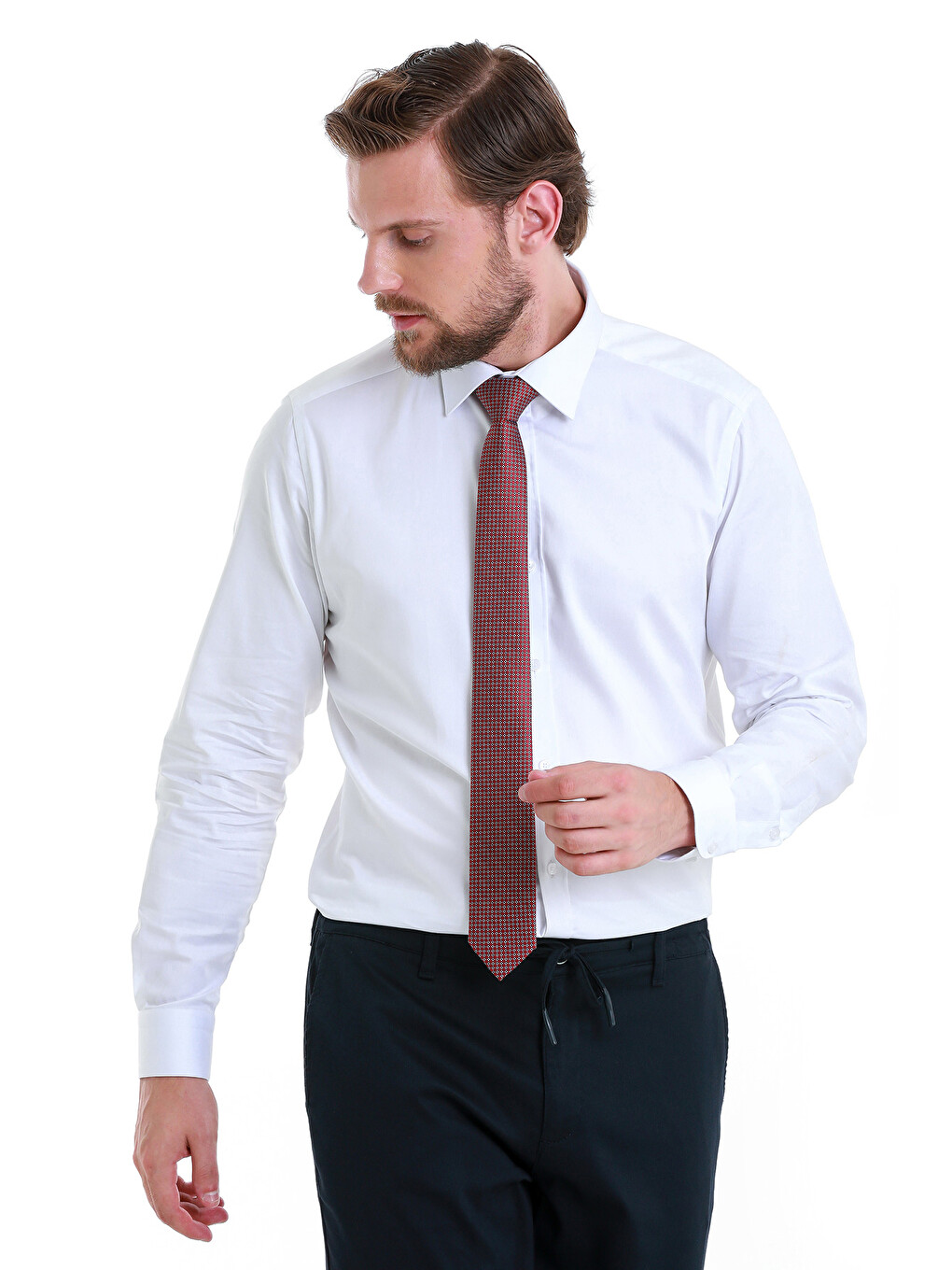 Beyaz Slim Fit Düz 100% Pamuk Slim Yaka Uzun Kollu Saten Gömlek-2