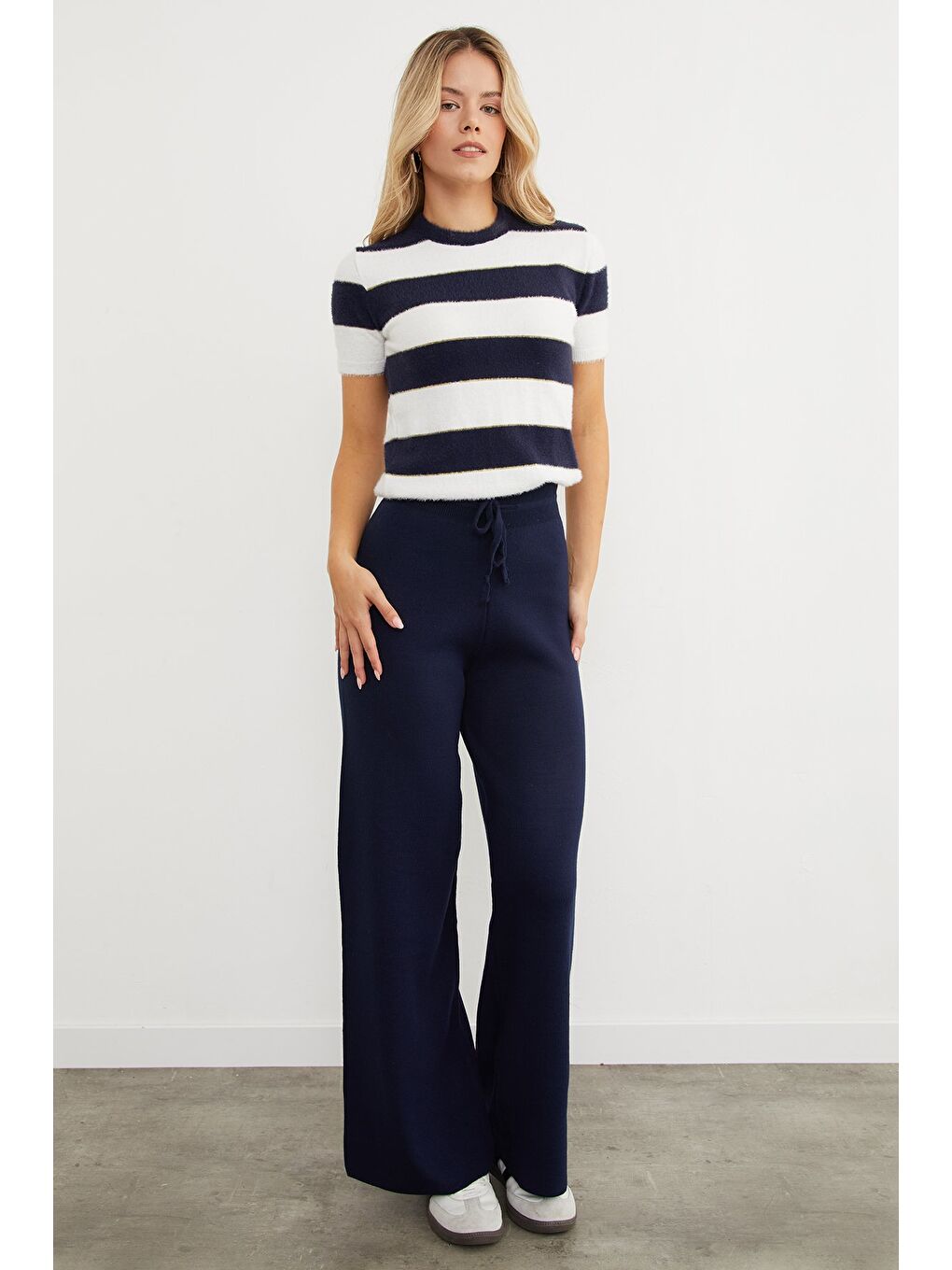 Lacivert Beli Lastikli Palazzo Triko Pantolon
