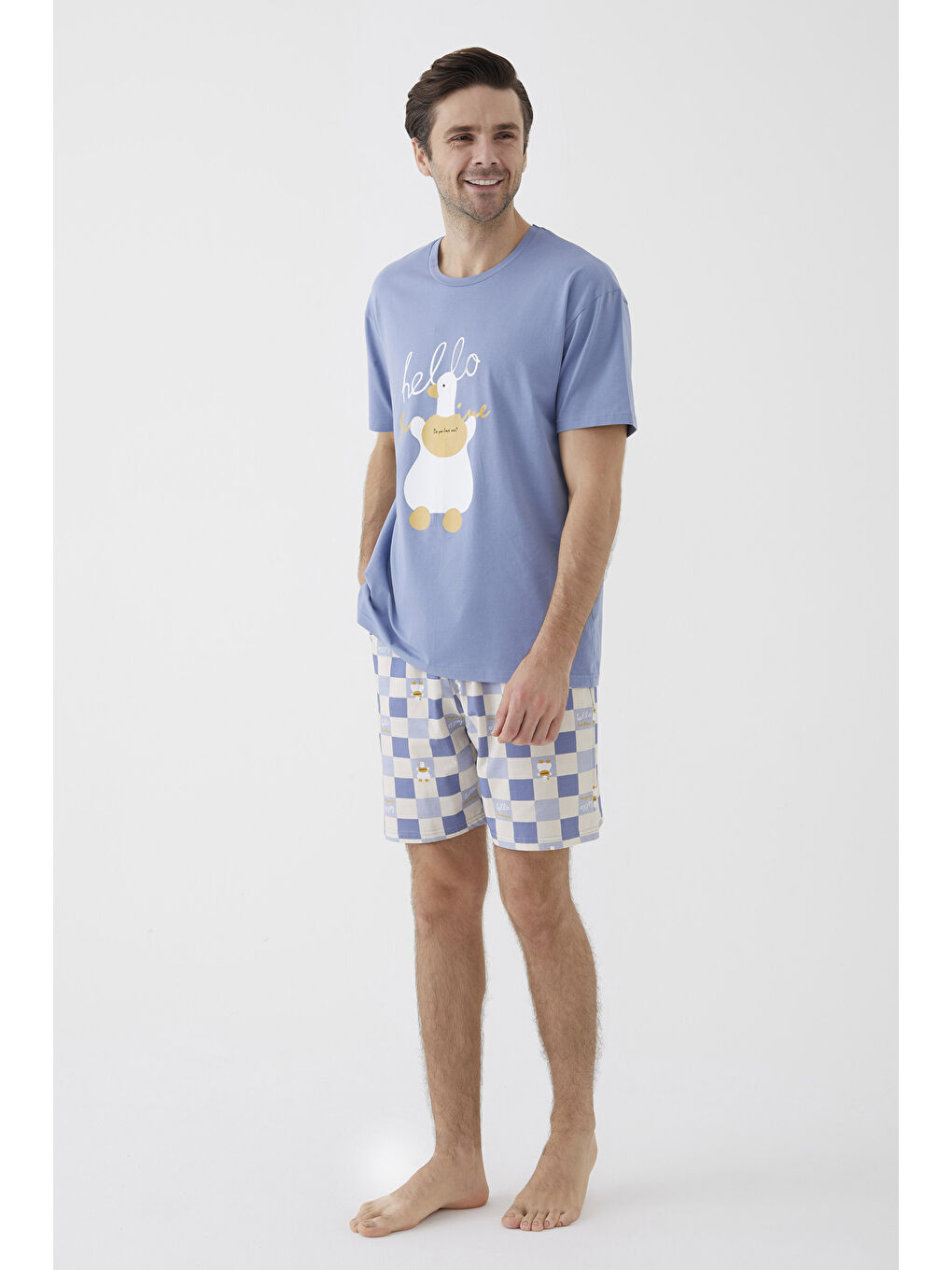 Mavi Erkek Kısa Kollu Pamuklu Ekose Desenli Ördek Baskılı %100 Pamuk Şortlu Pijama Takımıı-3