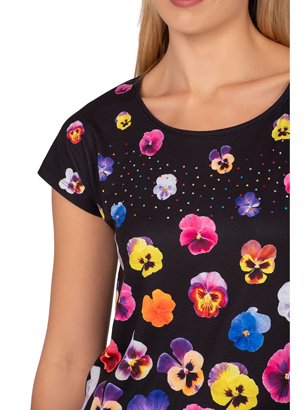 Kadın Renkli Çiçek Desenli Kısa Kol Bluz | Siyah 25909-1