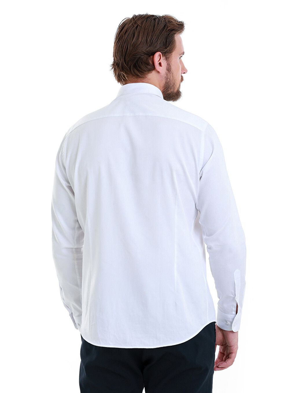 Beyaz Slim Fit Düz 100% Pamuk Slim Yaka Uzun Kollu Saten Gömlek-4
