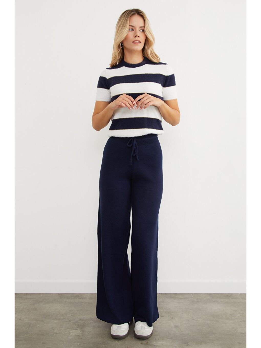 Lacivert Beli Lastikli Palazzo Triko Pantolon-1