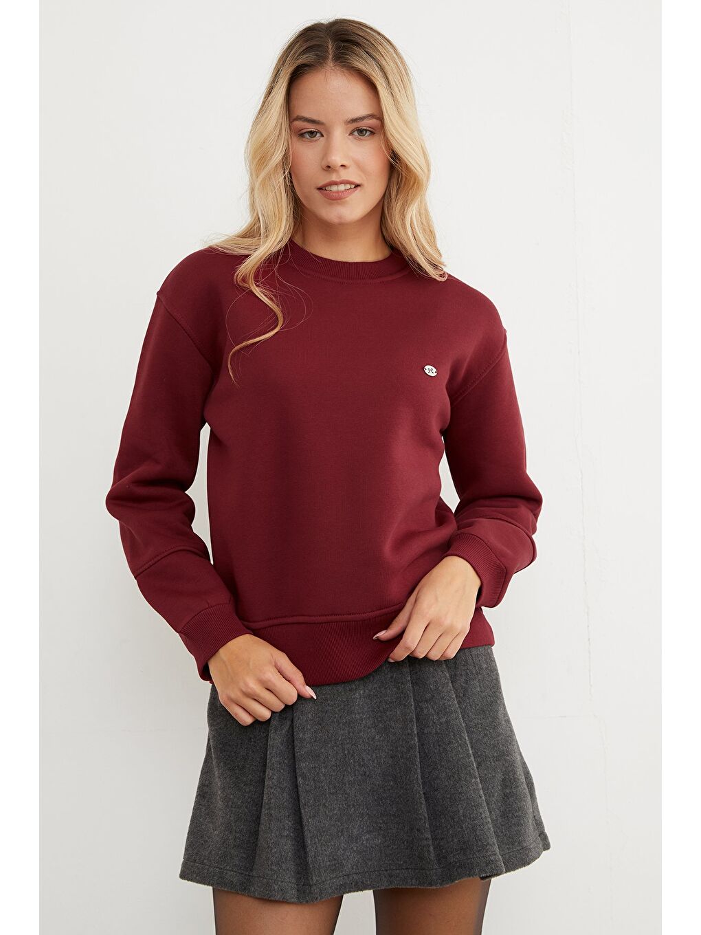 Bordo 3 İplik Metal Aksesuar Detaylı Sweatshirt