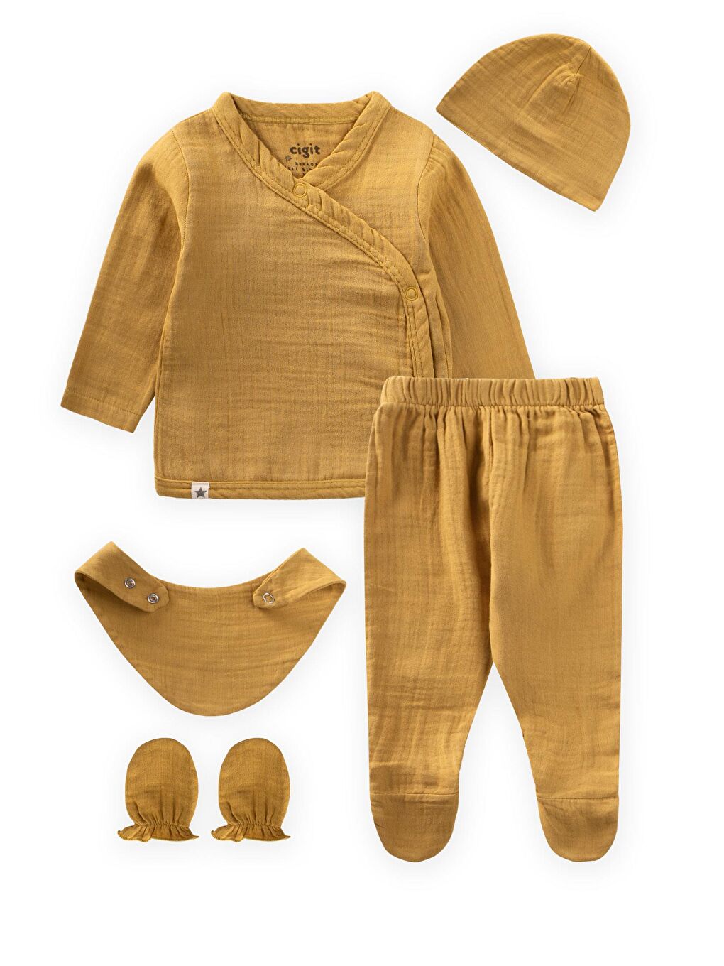 Organik Hastane Çıkışı Bebek Takımı 0-3 Ay Hardal Sarı