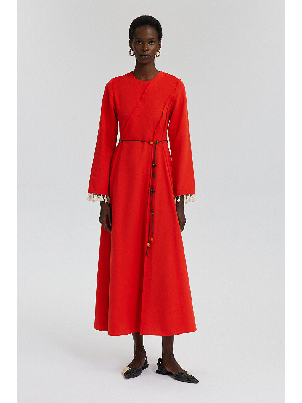 Kırmızı Nervür Detaylı Keten Elbise-1