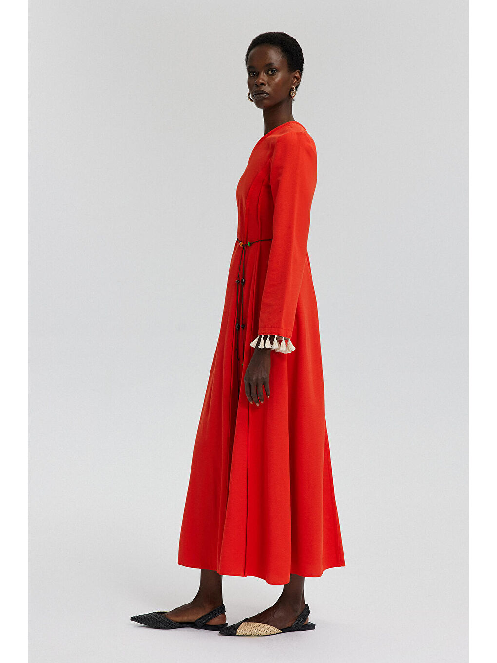 Kırmızı Nervür Detaylı Keten Elbise-2