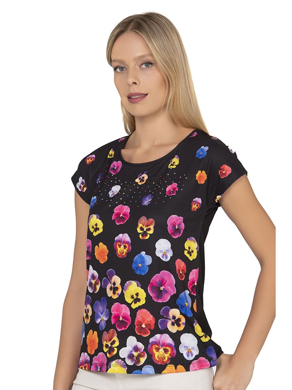 Kadın Renkli Çiçek Desenli Kısa Kol Bluz | Siyah 25909-3