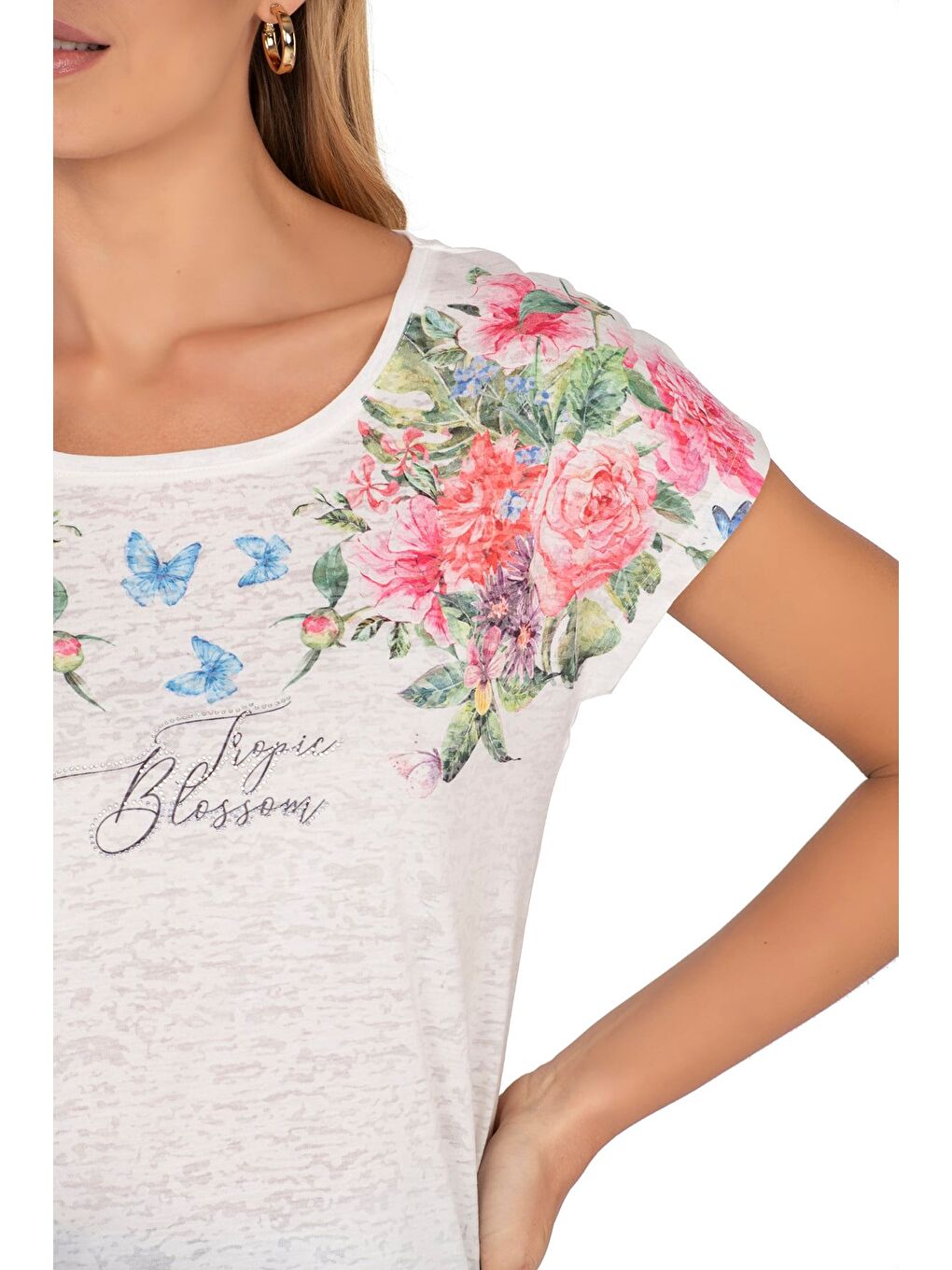 Kadın Floral Desenli Yazı Detaylı Bluz | Ekru 25792-1