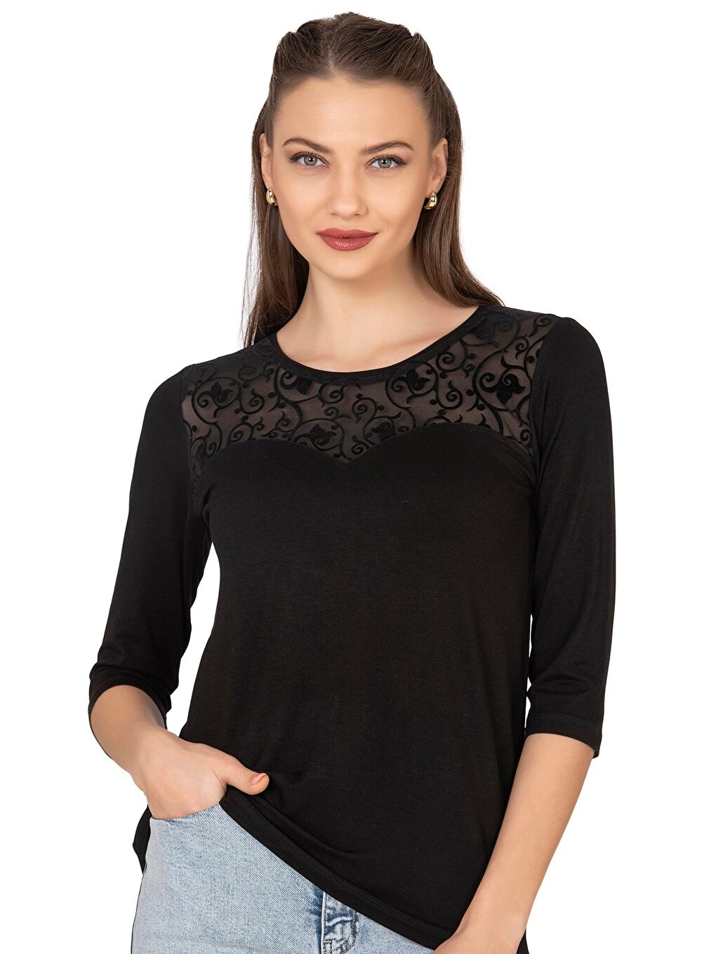 Kadın Transparan Yaka Garnili Bluz | Siyah 25250