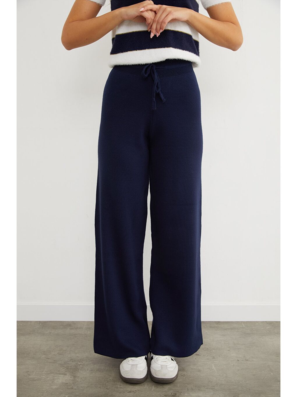 Lacivert Beli Lastikli Palazzo Triko Pantolon-3