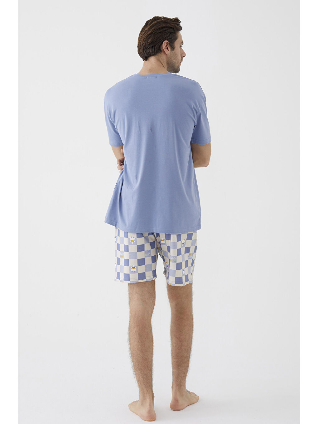 Mavi Erkek Kısa Kollu Pamuklu Ekose Desenli Ördek Baskılı %100 Pamuk Şortlu Pijama Takımıı-4