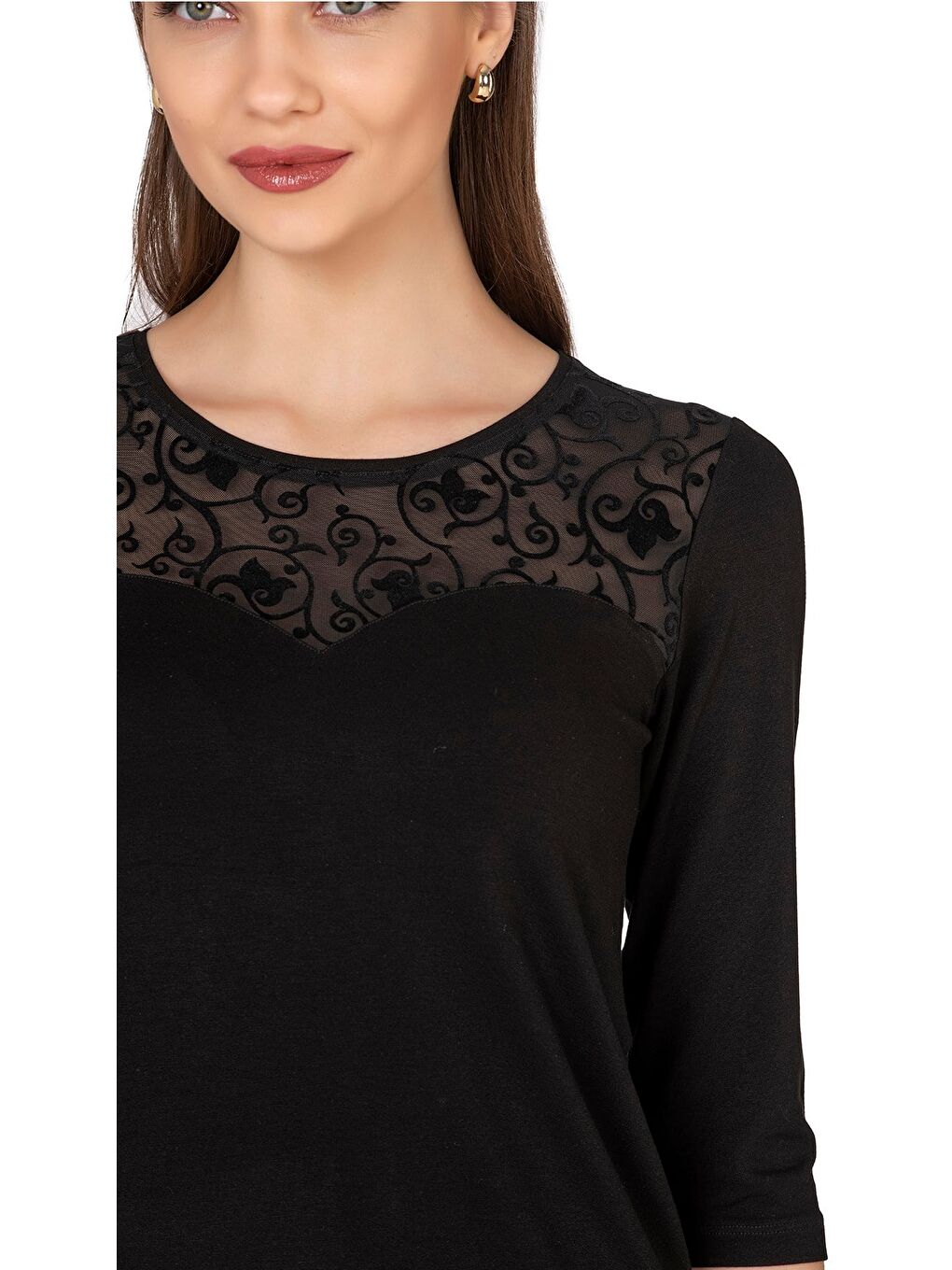 Kadın Transparan Yaka Garnili Bluz | Siyah 25250-1