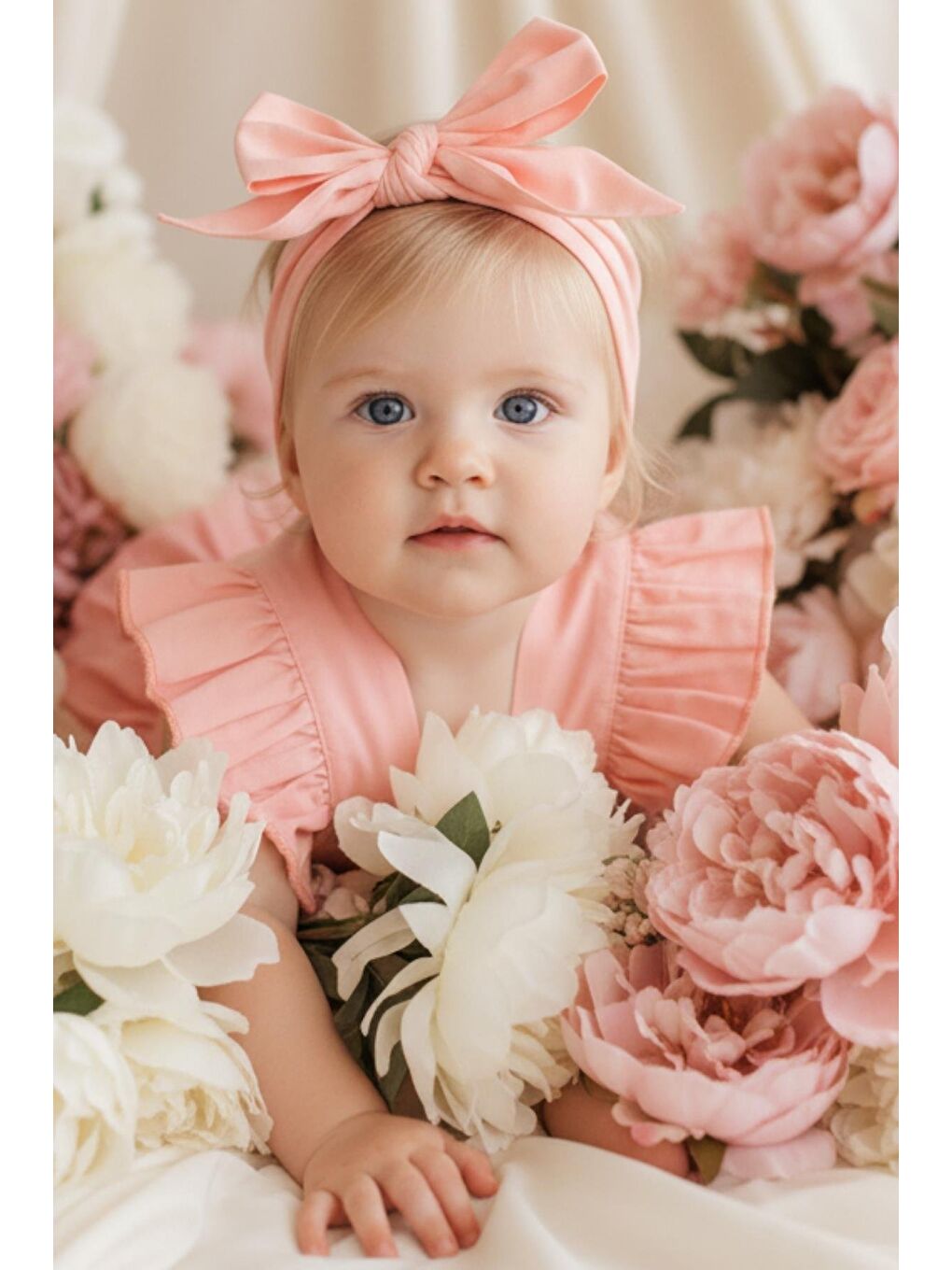 Pembe Kız Bebek Somon Pamuklu Salopet Bandana Takım-1